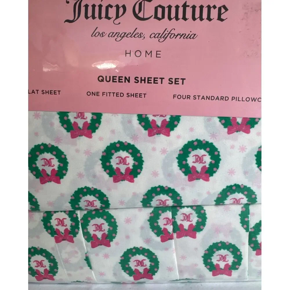 NIP Juicy Couture Home Queen Christmas Sheet‎ Set Wreath Print